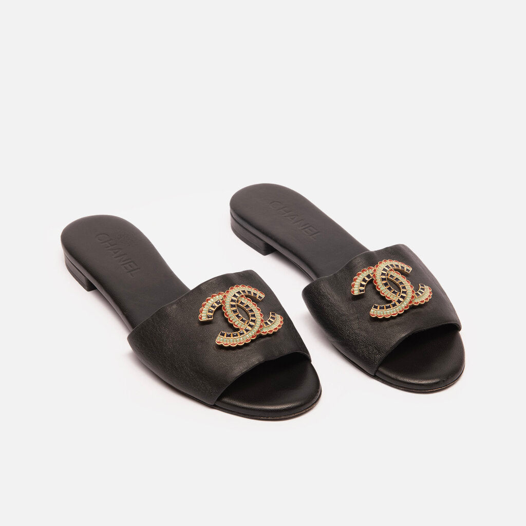 Chanel Black Leather & Gold CC Slides