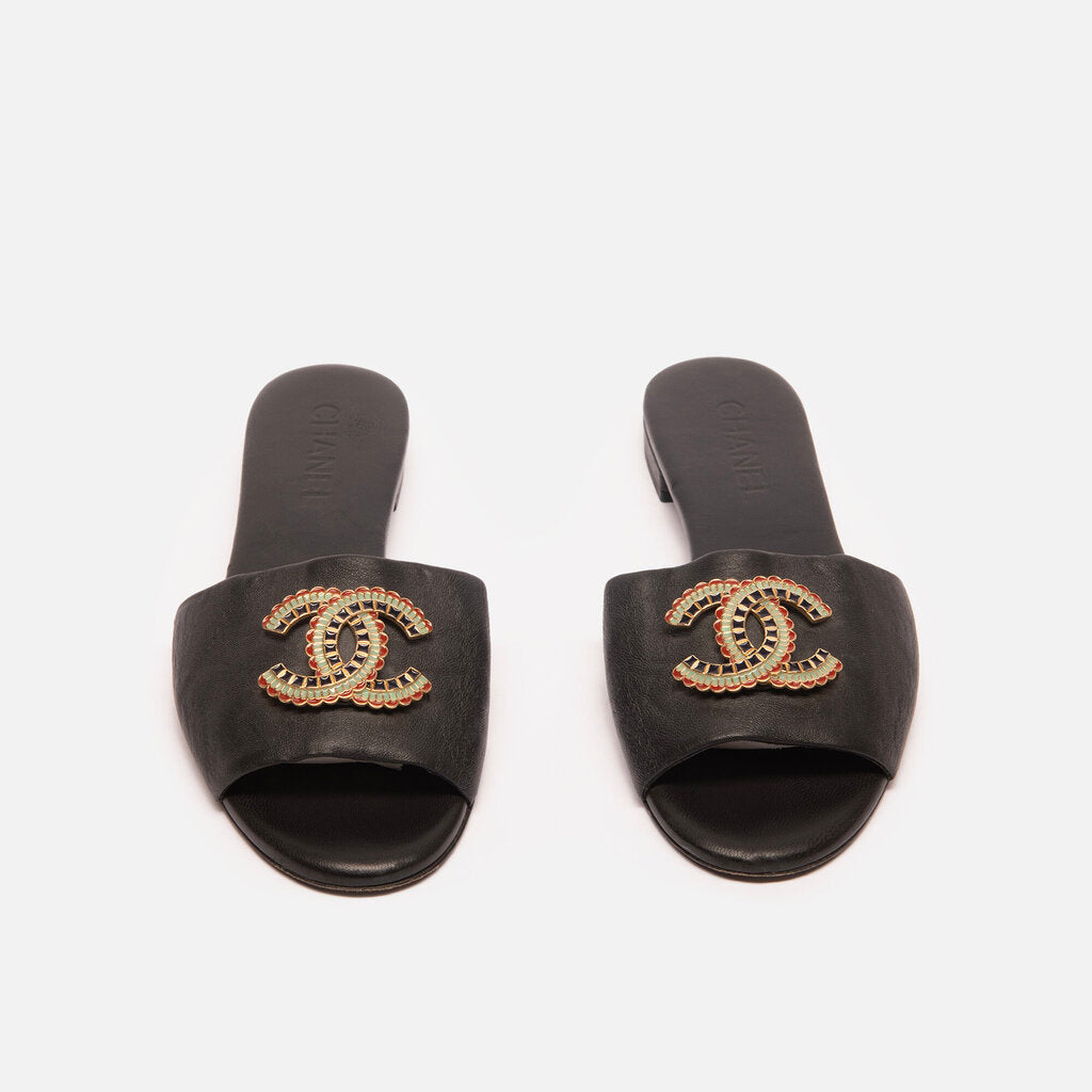 Chanel Black Leather & Gold CC Slides
