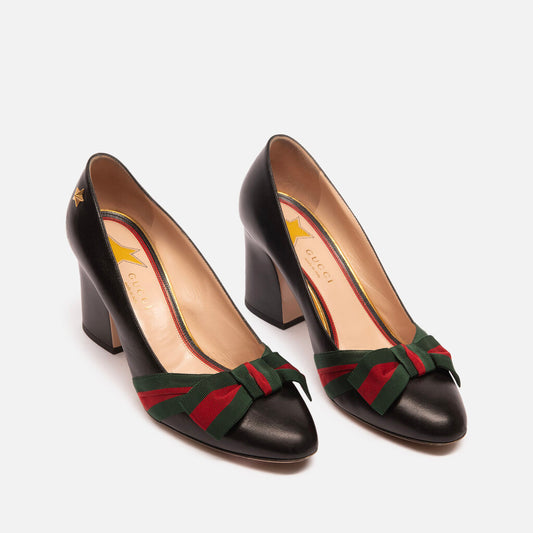 Gucci Black Leather Stripe Bow Pump