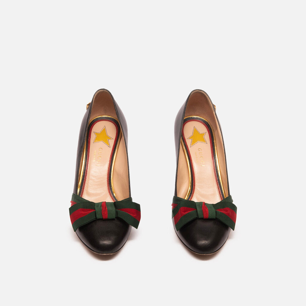 Gucci Black Leather Stripe Bow Pump