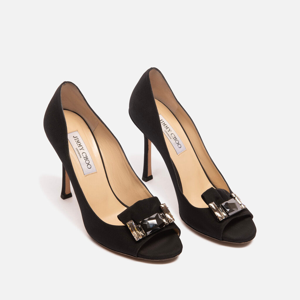 Jimmy Choo Black Satin Jeweled Pumps