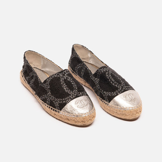 Chanel Black & Silver Tweed Espadrille Flats