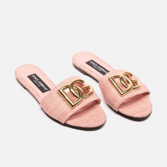 Dolce & Gabbana Pink Logo Raffia Slides