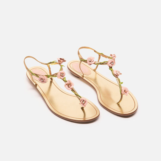 Rene Caovilla Gold Leather Rose Detail Sandal