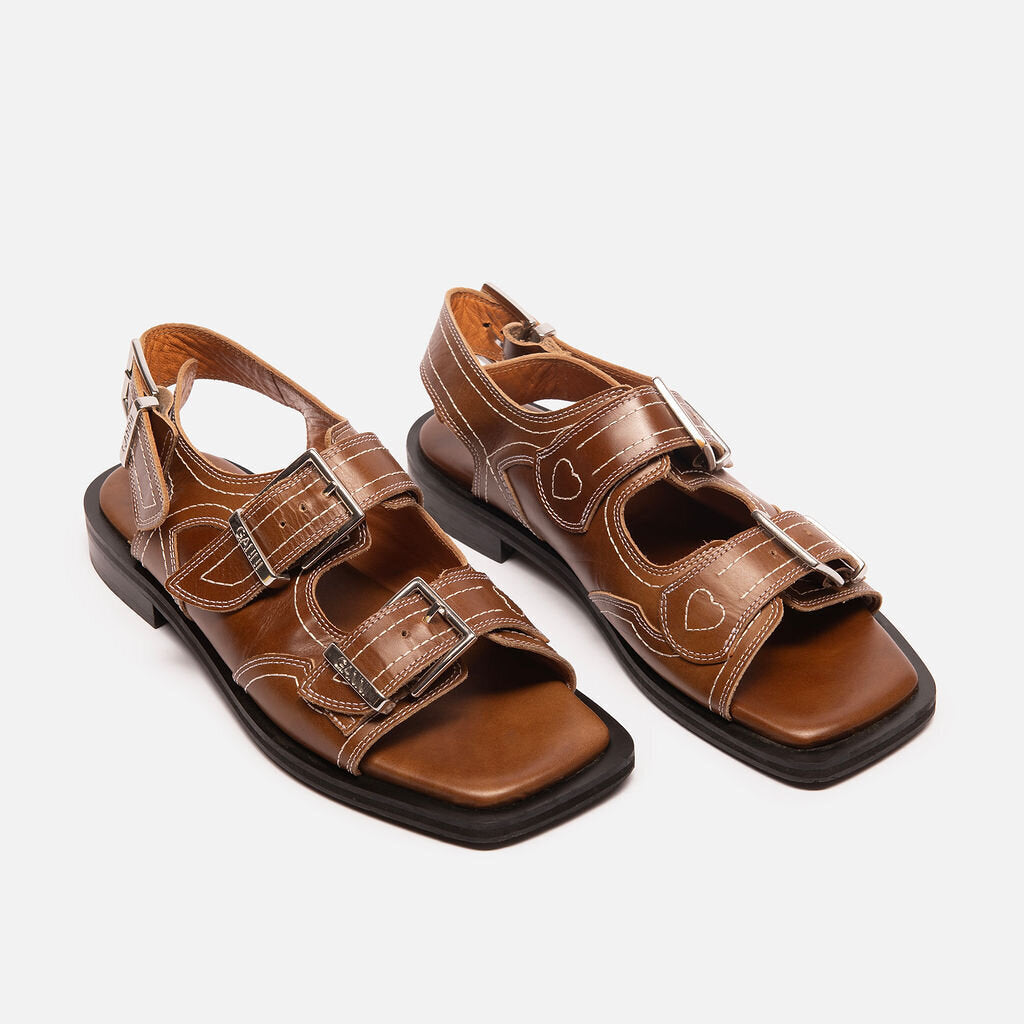 Ganni Brown Leather Double Buckle Sandal
