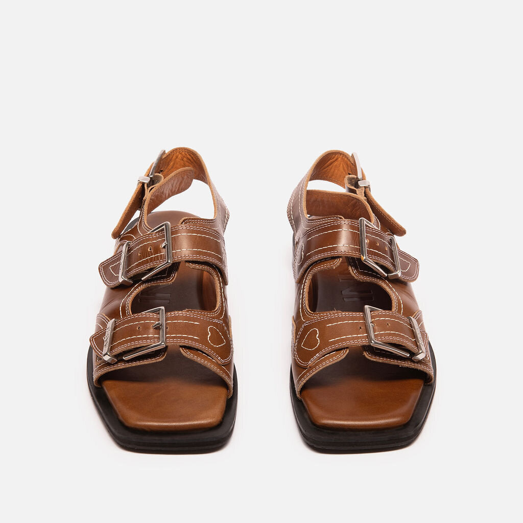 Ganni Brown Leather Double Buckle Sandal