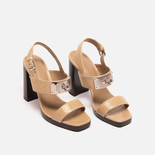 Hermes Beige Lizard Kelly Lock Heel