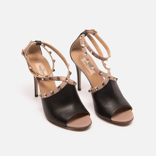 Valentino Black Leather Rockstud Heeled Sandals