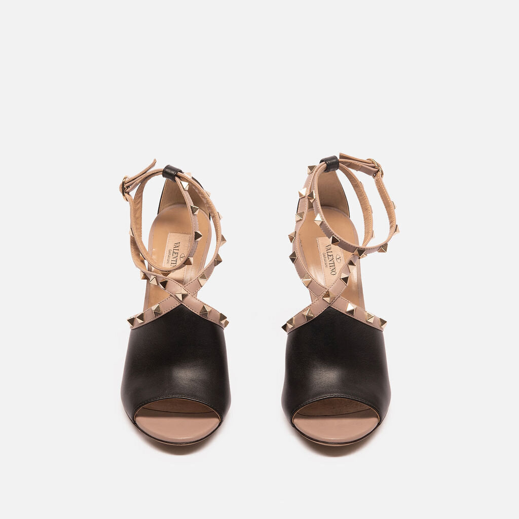 Valentino Black Leather Rockstud Heeled Sandals