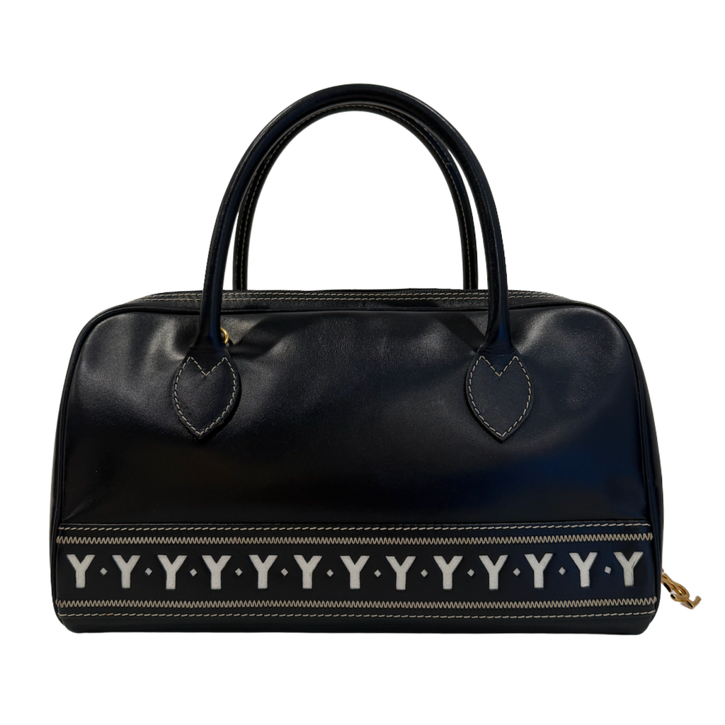 Saint Laurent Navy Boxcalf Cut Out Boston Bag