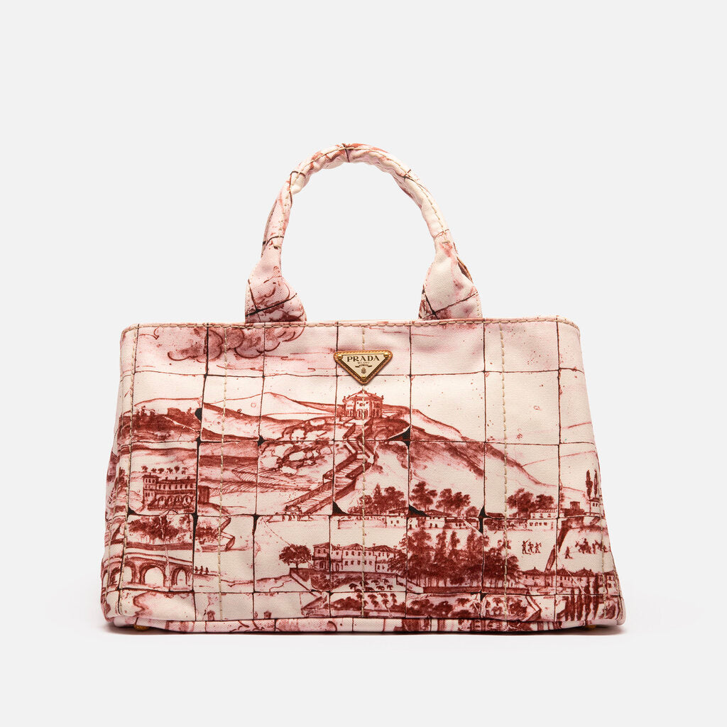 Prada Washed Red Patterned Medium Canapa Tote