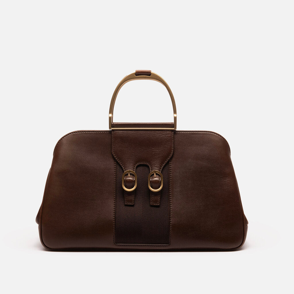 Gucci Brown Leather Buckle Detail Top Handle