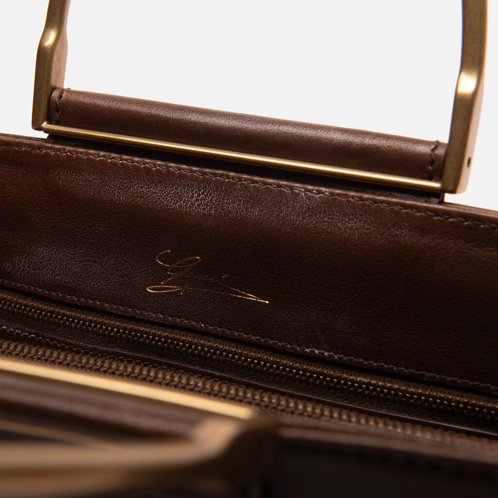 Gucci Brown Leather Buckle Detail Top Handle