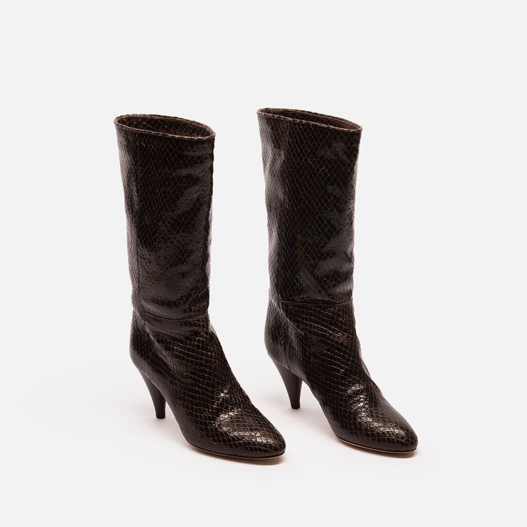 Loeffler Randal Brown Snake Textured Heeled Boot