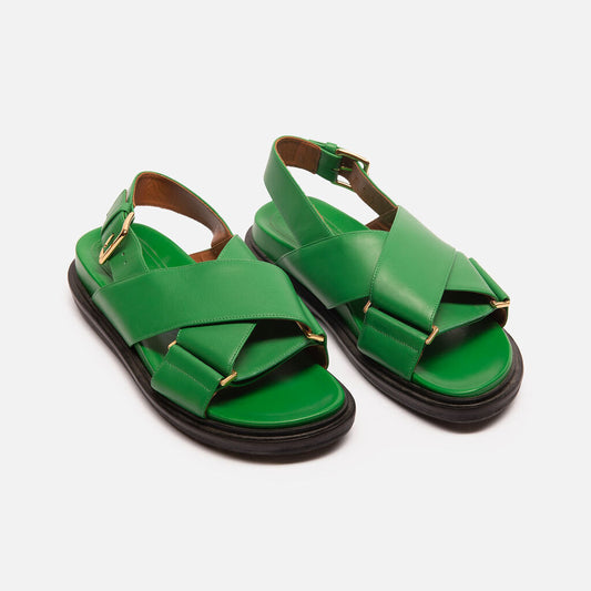 Marni Green Leather Criss Cross-Strap Sandals