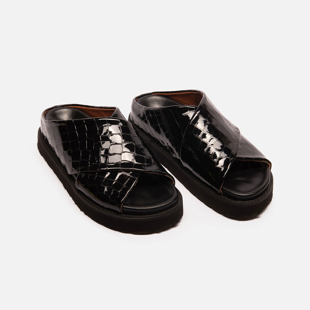 Ganni Black Croc Crossover Sandal