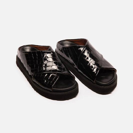 Ganni Black Croc Crossover Sandal