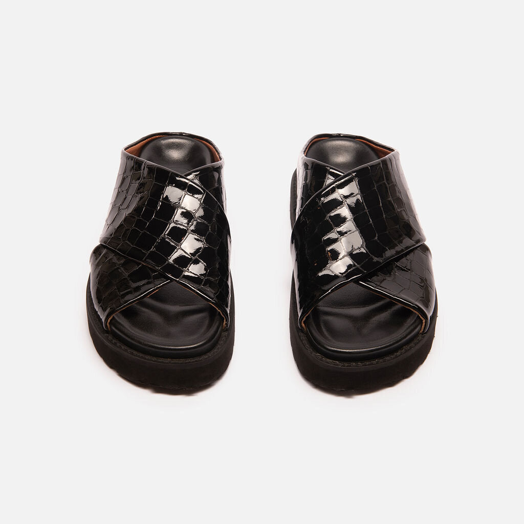 Ganni Black Croc Crossover Sandal