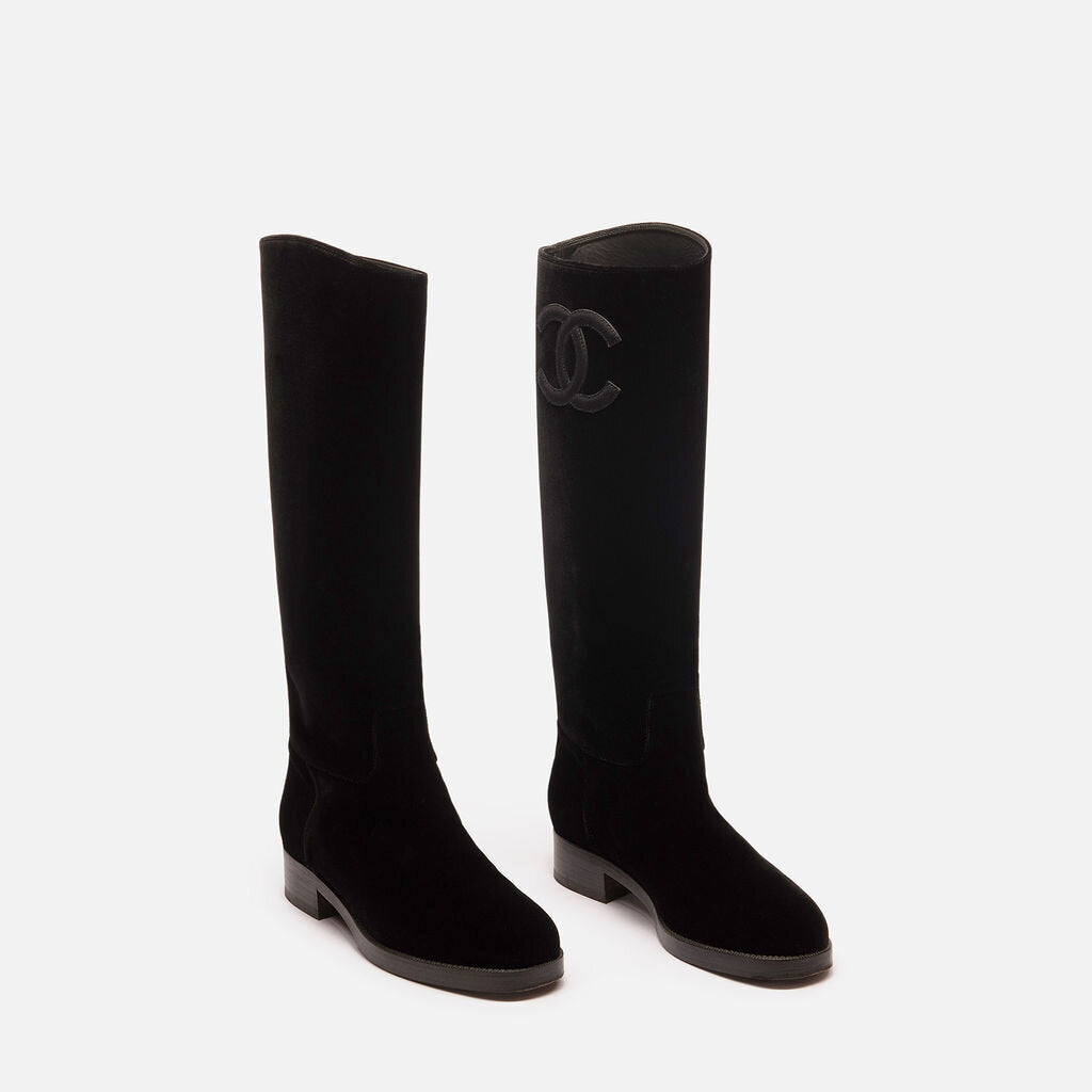 Chanel Black Velvet Tall CC Boot