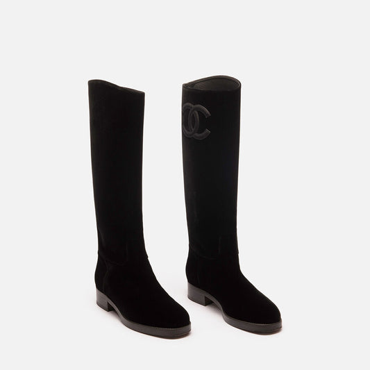 Chanel Black Velvet Tall CC Boot