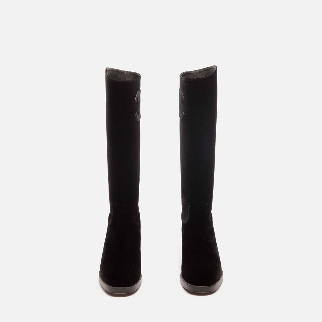 Chanel Black Velvet Tall CC Boot