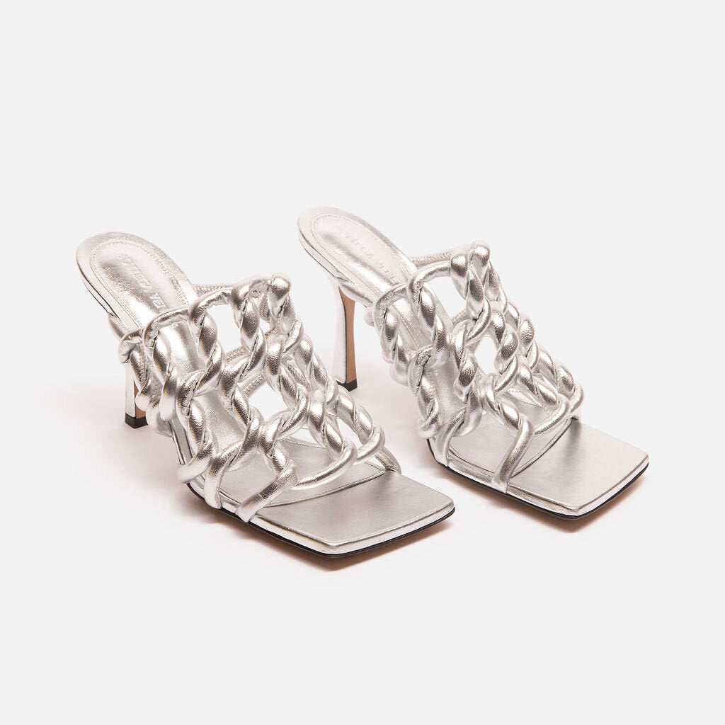 Bottega Veneta Silver Leather Braided Heels