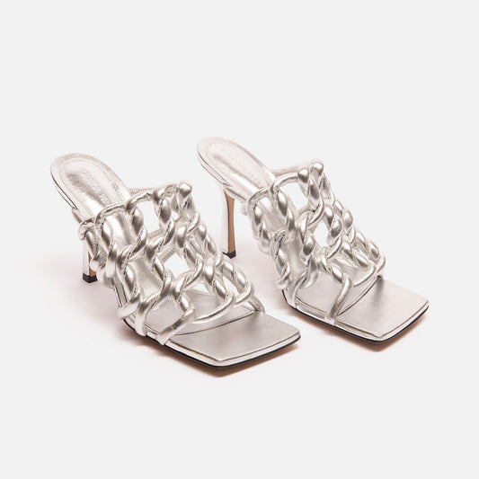 Bottega Veneta Silver Leather Braided Heels