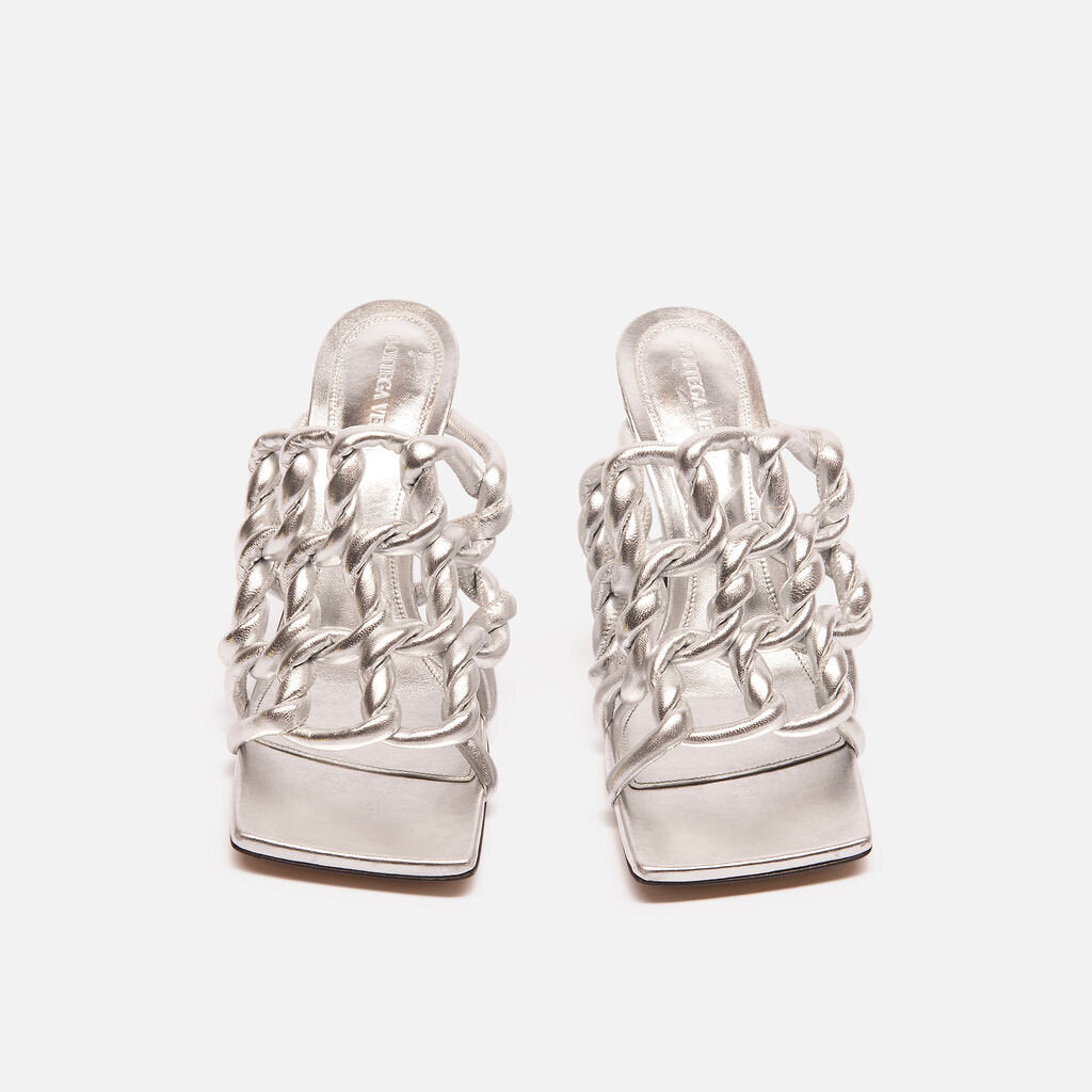 Bottega Veneta Silver Leather Braided Heels