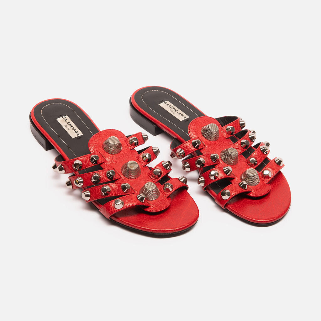 Balenciaga Red Leather Silver Studded Sandals