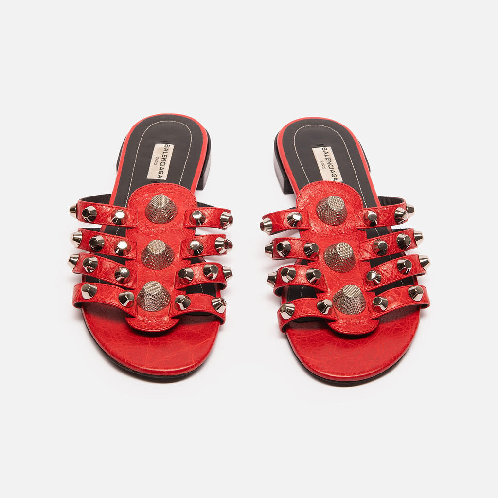 Balenciaga Red Leather Silver Studded Sandals