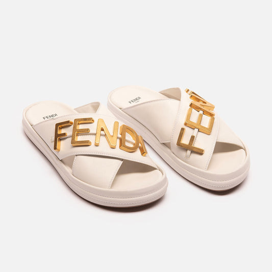 Fendi White Gold Logo Sandal
