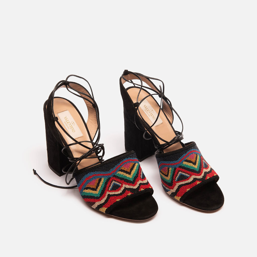 Valentino Black Suede Multi Beaded Block Heel Pumps