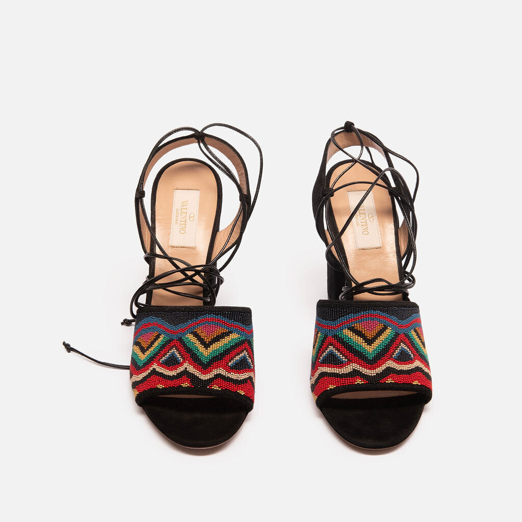 Valentino Black Suede Multi Beaded Block Heel Pumps