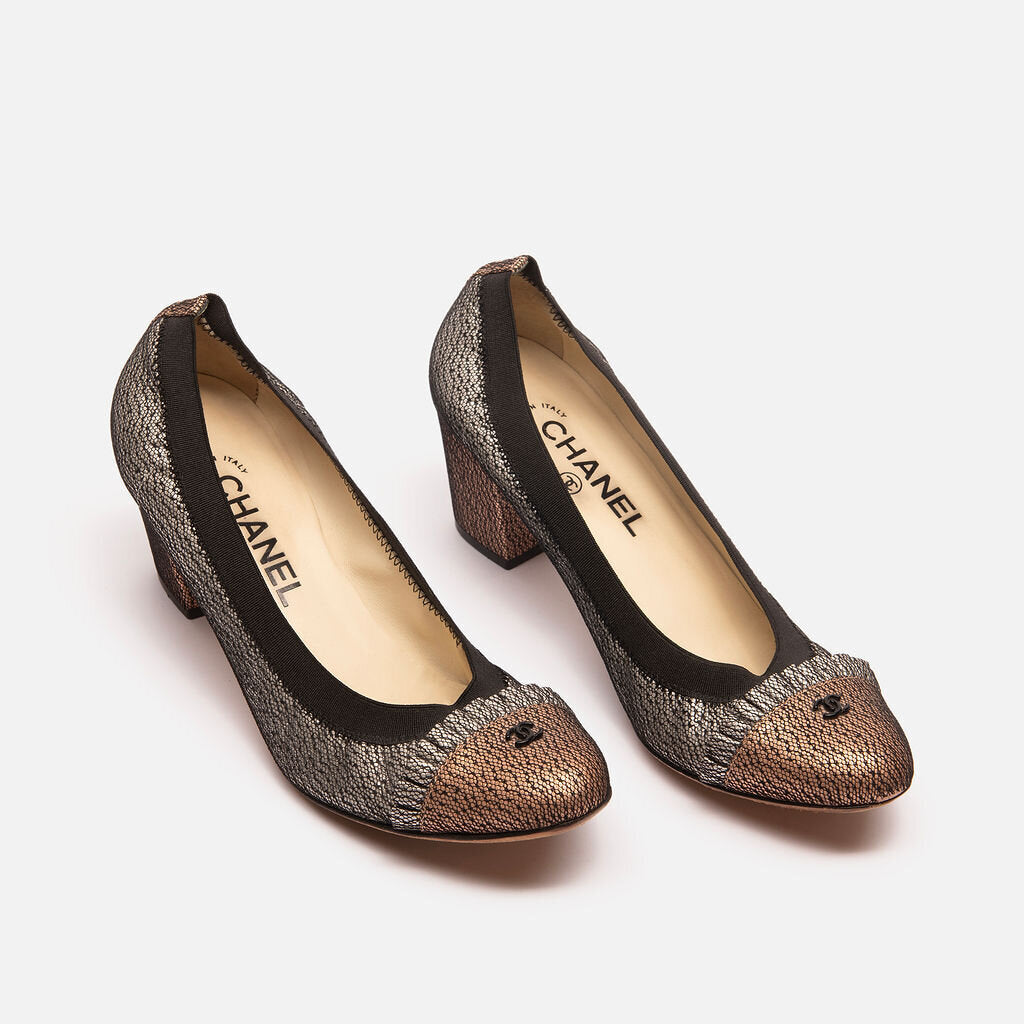 Chanel Silver & Black Lace Ruffle Cap Pumps