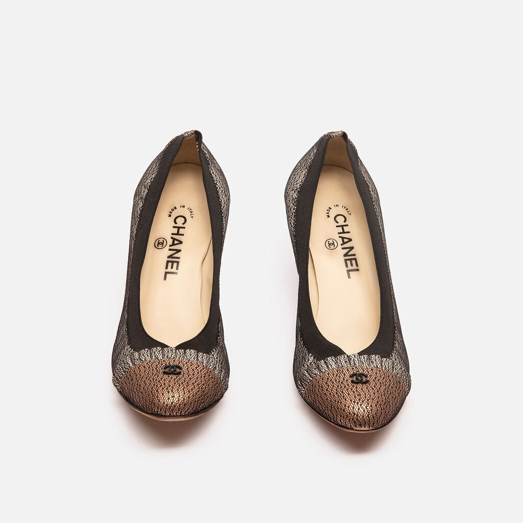 Chanel Silver & Black Lace Ruffle Cap Pumps