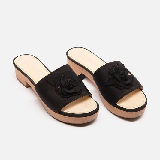 Chanel Black Canvas Wooden Platform Sandal w/ Flower