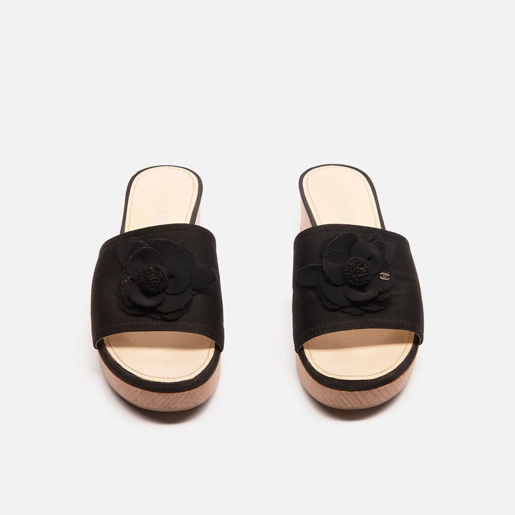Chanel Black Canvas Wooden Platform Sandal w/ Flower