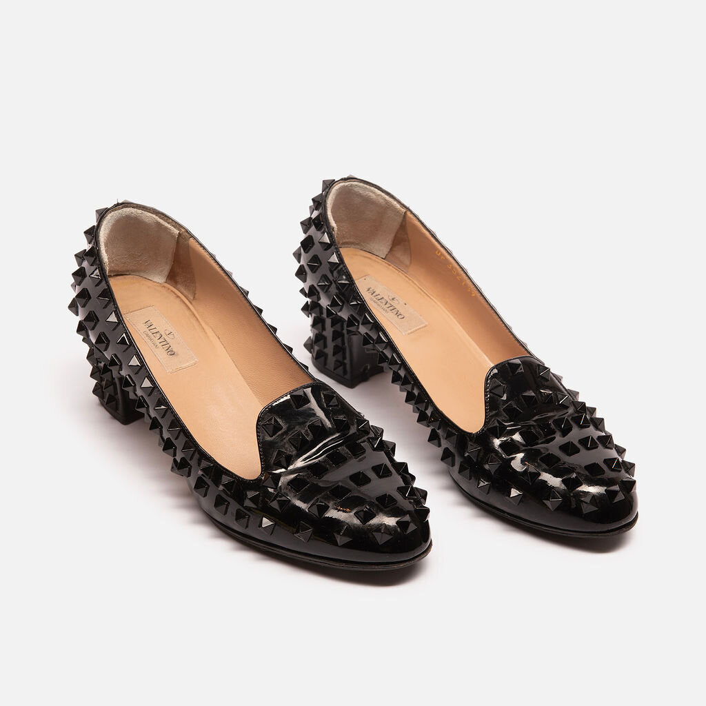 Valentino Black Rockstud Patent Leather Block Heel