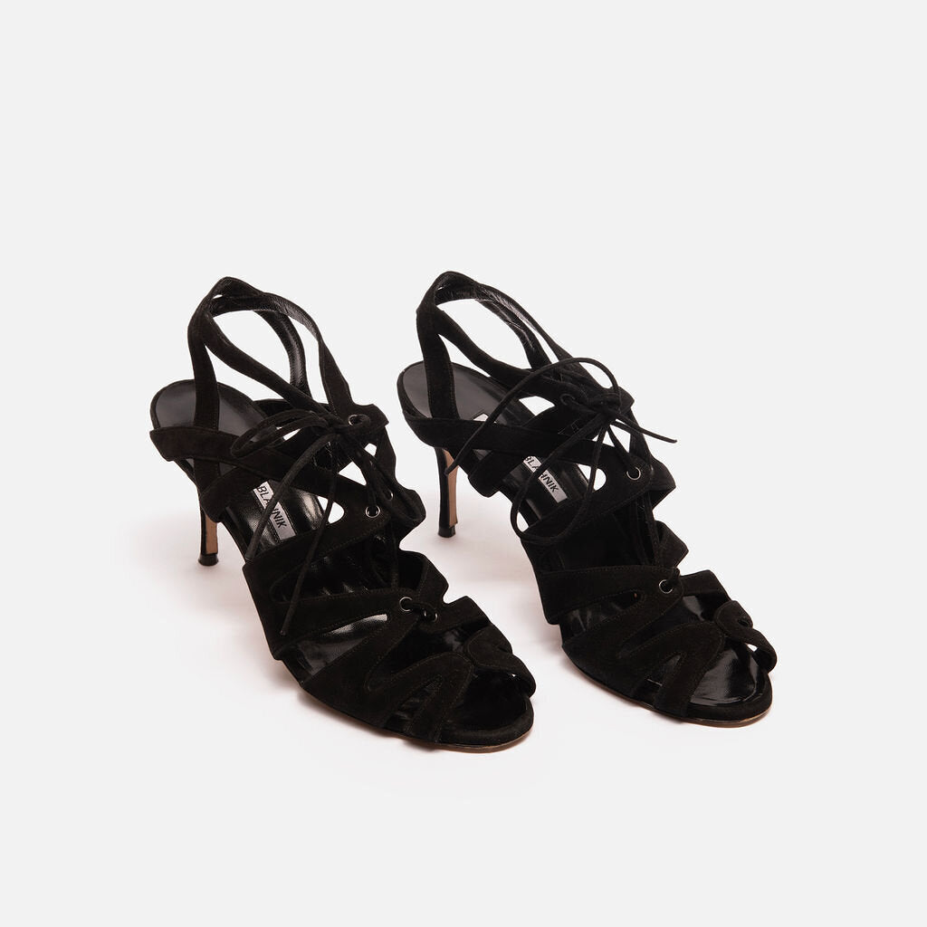 Manolo Blahnik Black Lace Up Suede Strappy Heels