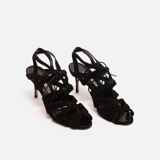 Manolo Blahnik Black Lace Up Suede Strappy Heels