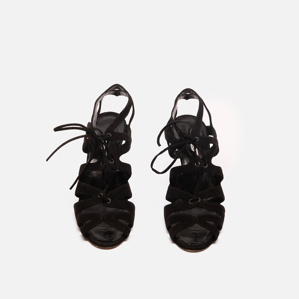 Manolo Blahnik Black Lace Up Suede Strappy Heels