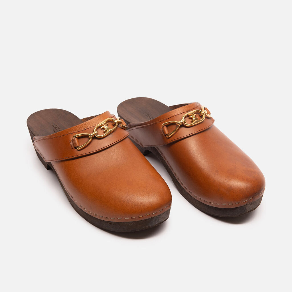 Celine Brown & Gold Leather Clogs