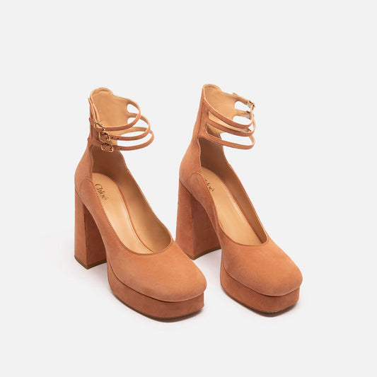 Chloe Peach Suede Block Heel Pumps