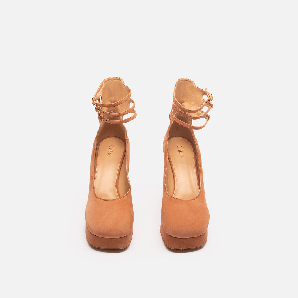 Chloe Peach Suede Block Heel Pumps