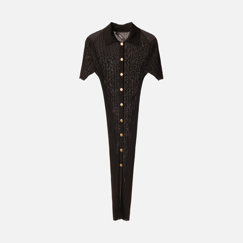 Versace Black Viscose Ribbed Button-Front Dress