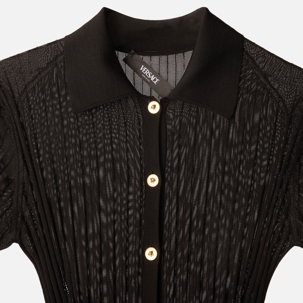 Versace Black Viscose Ribbed Button-Front Dress