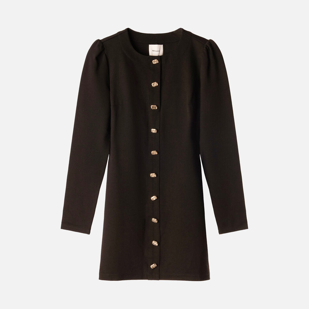 Reformation Black Stretch Jersey Gold Buttons Crew Neck (NWT)Dress