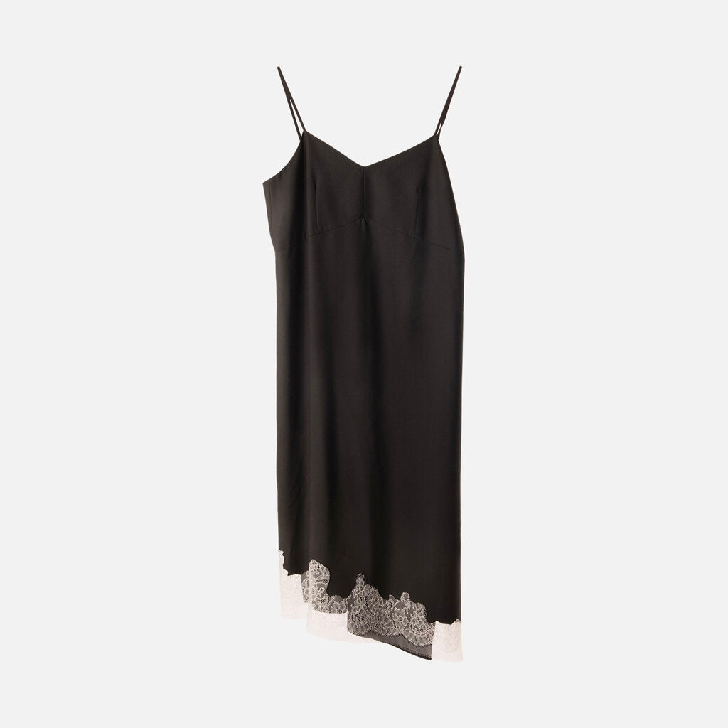 Tibi Black Poly/Wool White Lace Trim Midi Dress