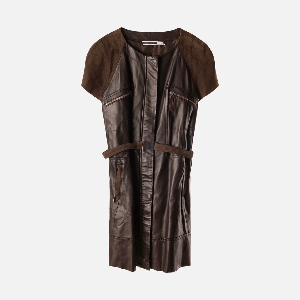 Sportmax Brown Lamb Leather & Suede Belted Dress