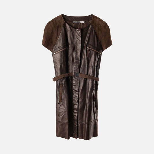 Sportmax Brown Lamb Leather & Suede Belted Dress